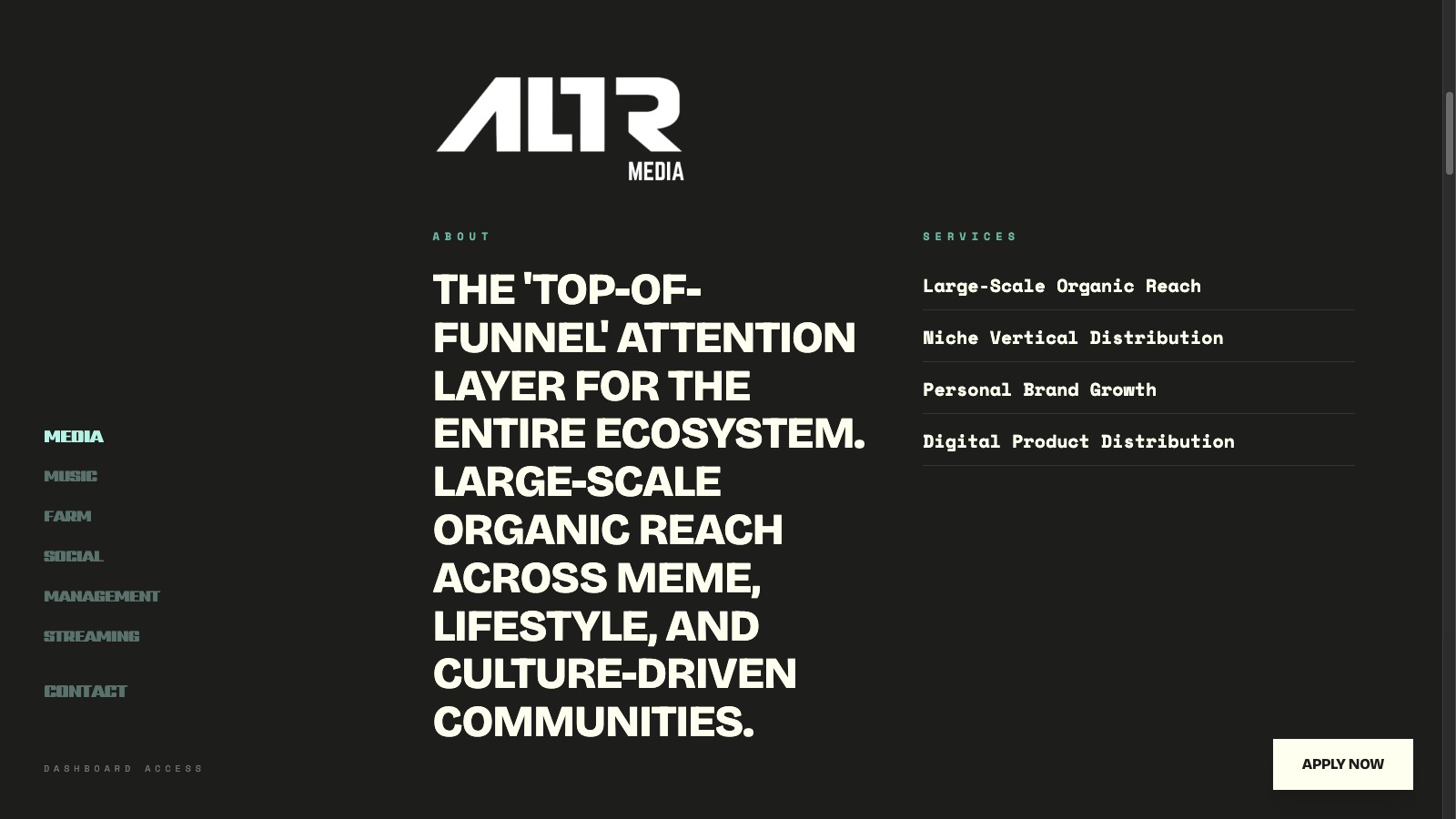 ALTR "Media" vertical detail — about + services list