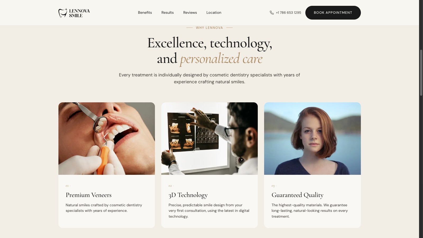 Lennova "Premium Veneers / 3D Technology / Guaranteed Quality" feature grid