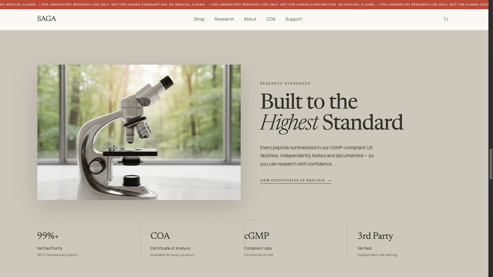Saga "99%+ Verified Purity / COA / cGMP / 3rd Party" stats section